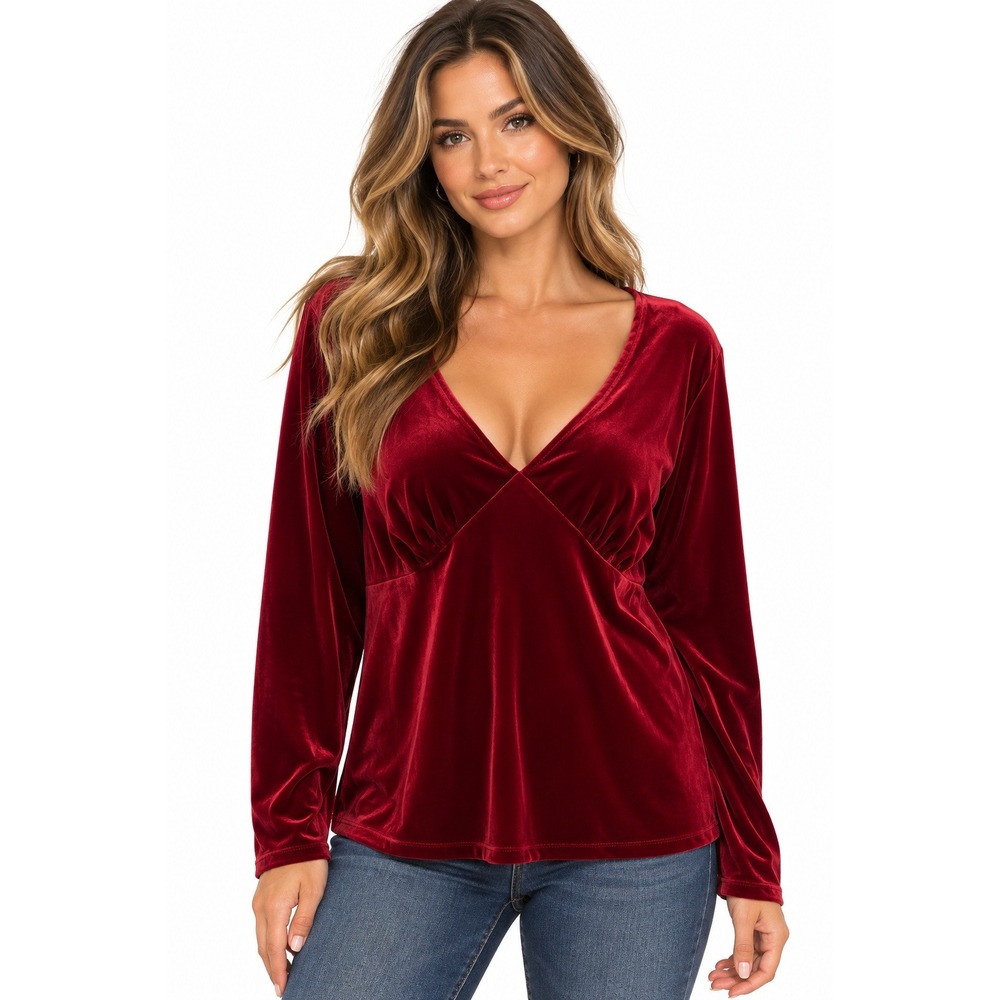 Elementz Velvet Top Large Ruby Red V-Neck Empire Waist Long Sleeve Holiday Party